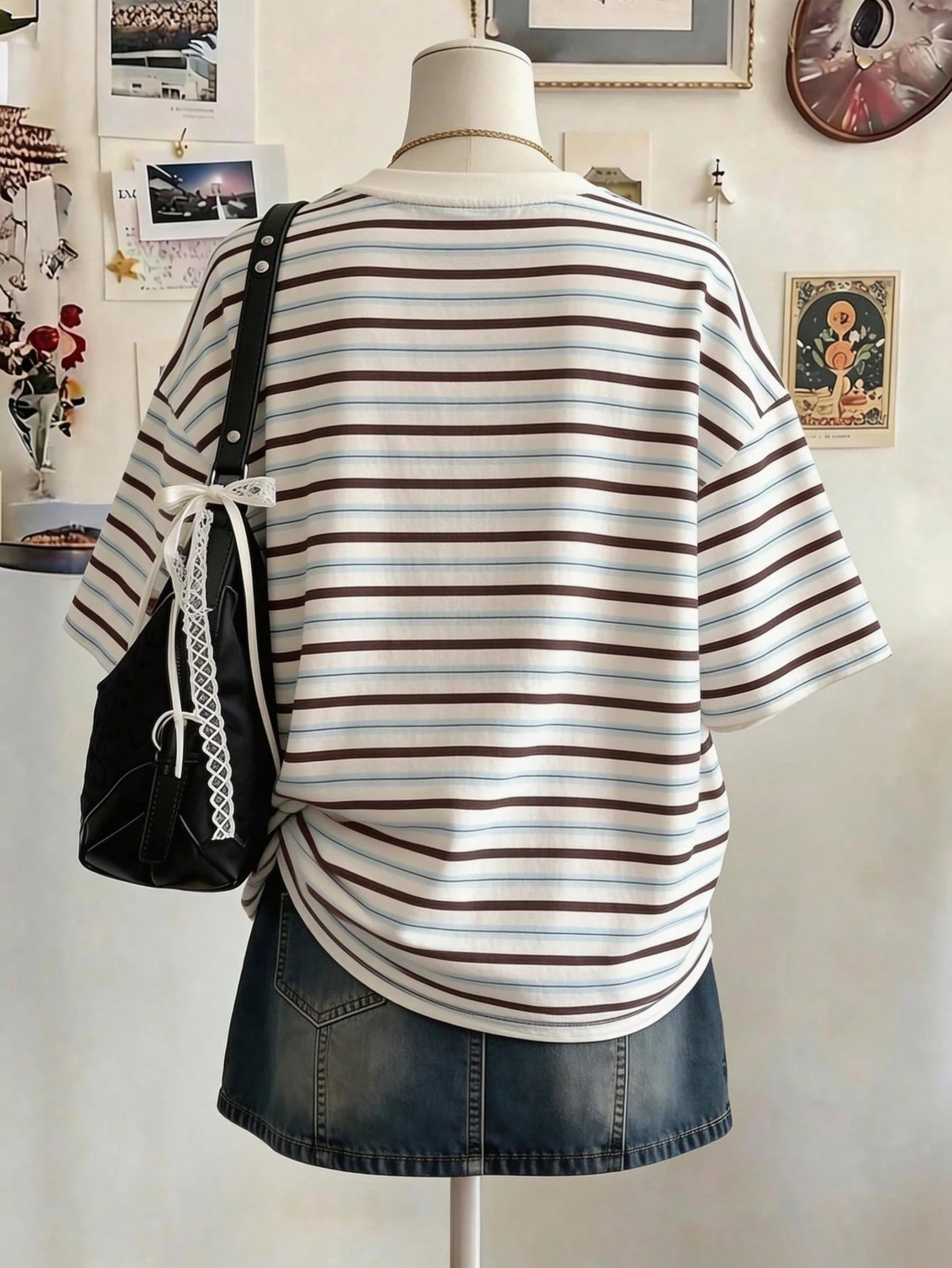 Lalippa Striped Digital Print Fashion Minimalist Women's Plus Size Long Round Neck Drop Shoulder T-Shirt, Friend's Gift