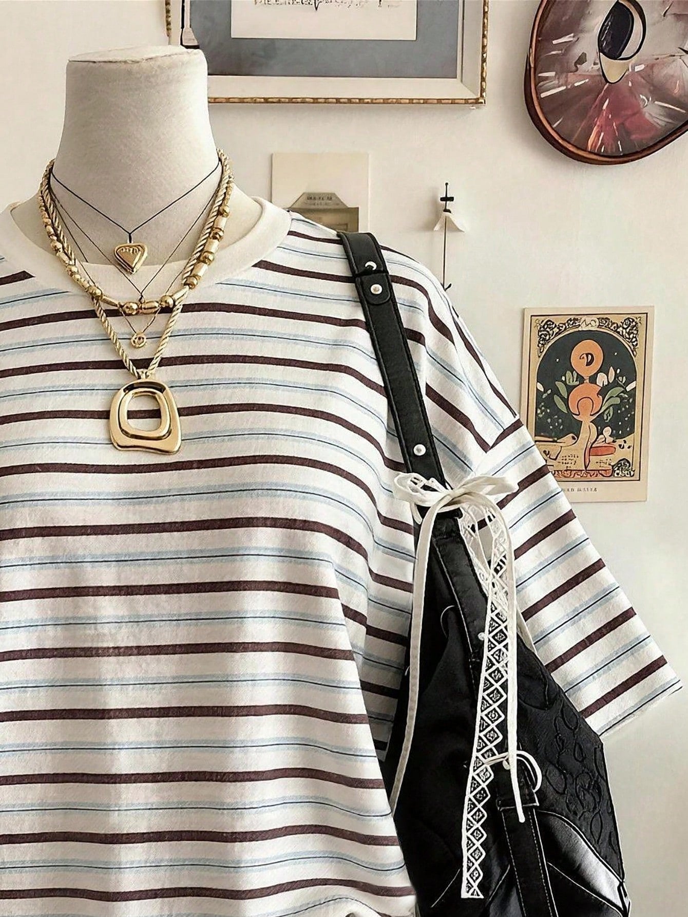 Lalippa Striped Digital Print Fashion Minimalist Women's Plus Size Long Round Neck Drop Shoulder T-Shirt, Friend's Gift