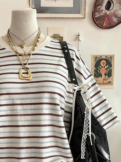 Lalippa Striped Digital Print Fashion Minimalist Women's Plus Size Long Round Neck Drop Shoulder T-Shirt, Friend's Gift