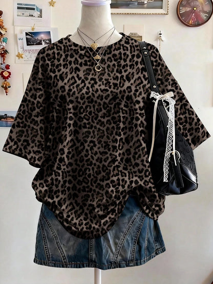 Lalippa Striped Digital Print Fashion Minimalist Women's Plus Size Long Round Neck Drop Shoulder T-Shirt, Friend's Gift