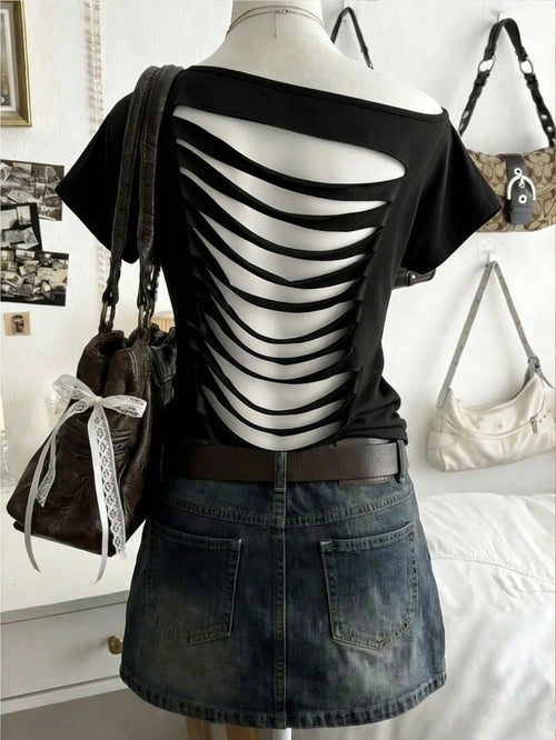 Lalippa Women's Black Skeleton Cut Out Backless T-Shirt- Short Sleeve Off Shoulder Gothic Grunge Top