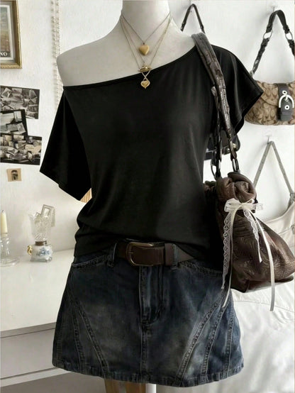 Lalippa Women's Black Skeleton Cut Out Backless T-Shirt- Short Sleeve Off Shoulder Gothic Grunge Top