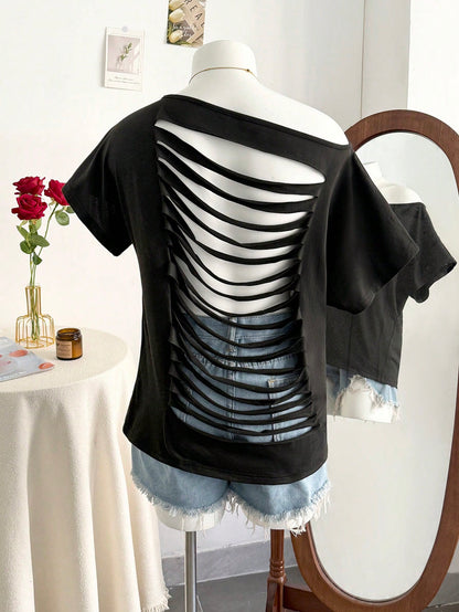 Lalippa Women's Black Skeleton Cut Out Backless T-Shirt- Short Sleeve Off Shoulder Gothic Grunge Top