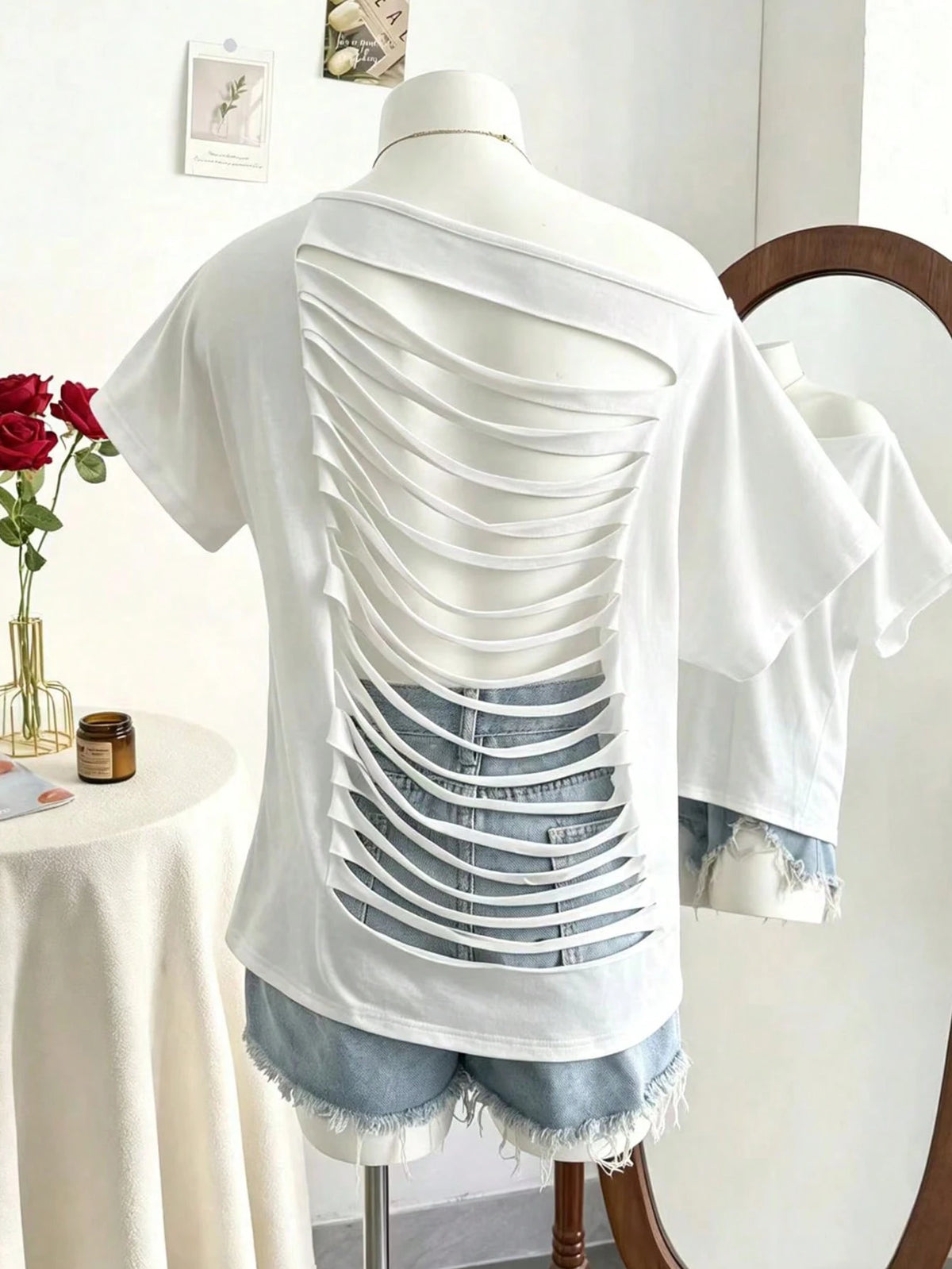 Lalippa Women's Black Skeleton Cut Out Backless T-Shirt- Short Sleeve Off Shoulder Gothic Grunge Top