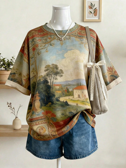 Lalippa Women's Loose Batwing Short Sleeve T-Shirt With Digital Painting Style Pattern