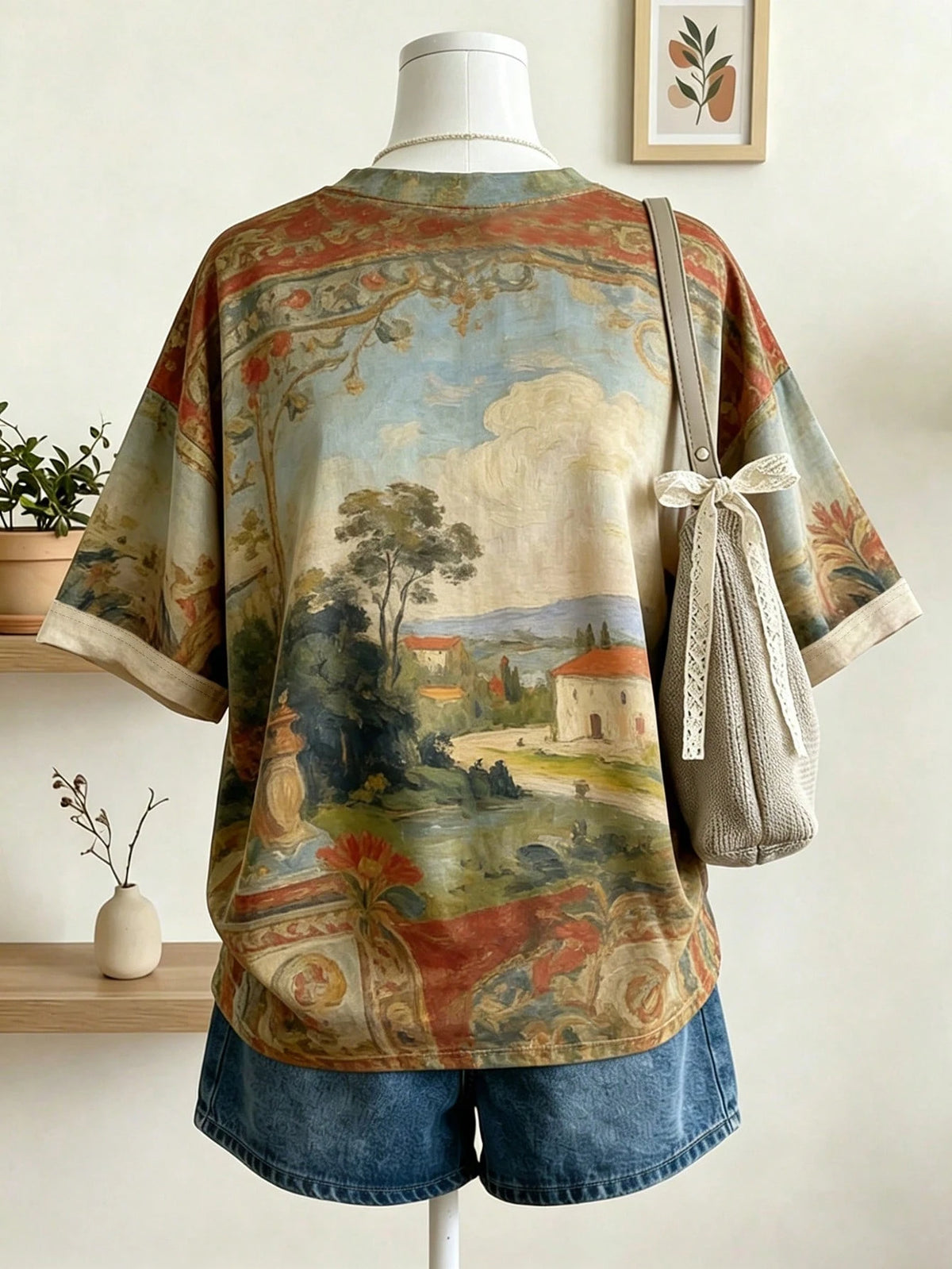 Lalippa Women's Loose Batwing Short Sleeve T-Shirt With Digital Painting Style Pattern