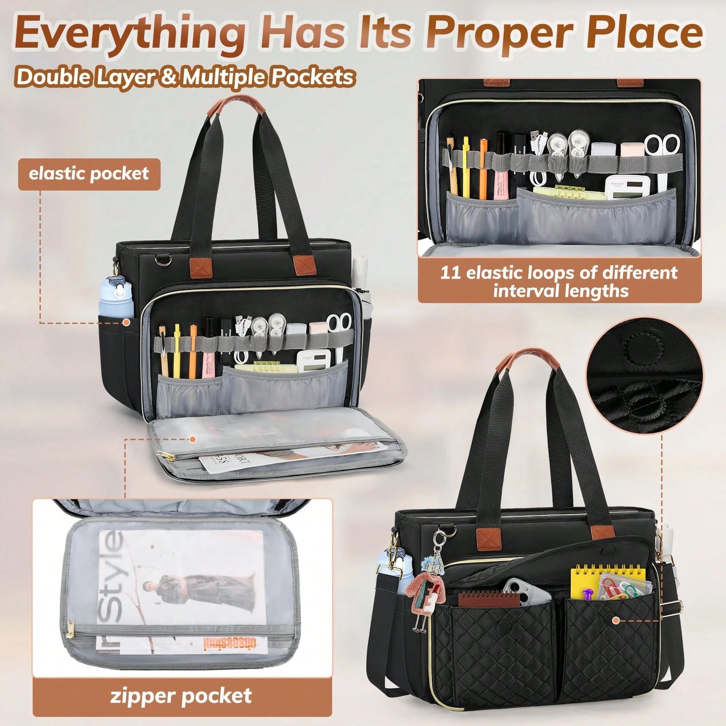 Laptop Tote Bag15.6 Inch For Women, Large Capacity Insulated Work Tote With Adjustable Strap & Luggage Sleeve