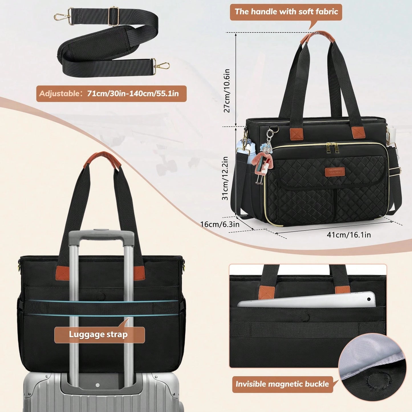 Laptop Tote Bag15.6 Inch For Women, Large Capacity Insulated Work Tote With Adjustable Strap & Luggage Sleeve