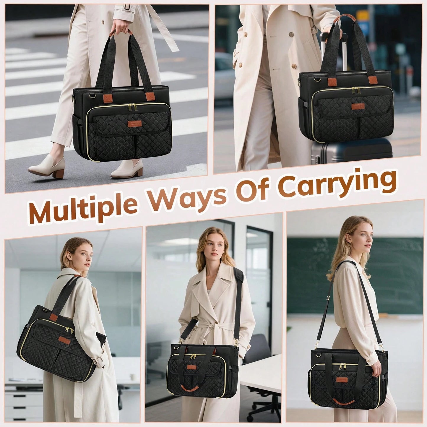 Laptop Tote Bag15.6 Inch For Women, Large Capacity Insulated Work Tote With Adjustable Strap & Luggage Sleeve