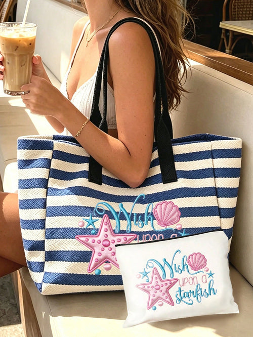 Large Capacity Blue And White Striped Beach Tote Bag,- Summer Starfish And Shell Theme Faux Embroidery Pattern Print (2D) Foldable Canvas Shoulder Bag, Multi-Functional Beach Bag, Summer Essential, P