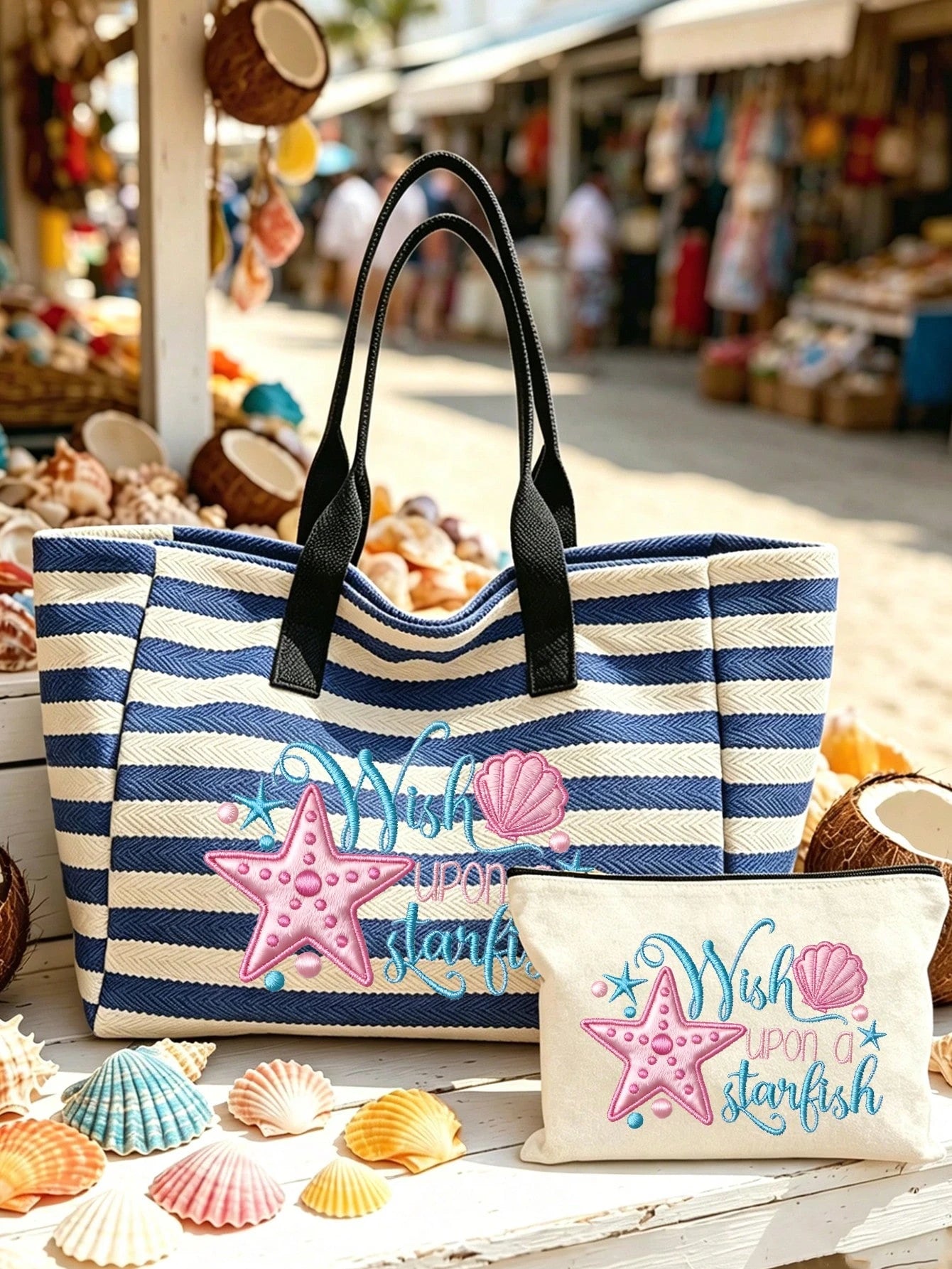 Large Capacity Blue And White Striped Beach Tote Bag,- Summer Starfish And Shell Theme Faux Embroidery Pattern Print (2D) Foldable Canvas Shoulder Bag, Multi-Functional Beach Bag, Summer Essential, P