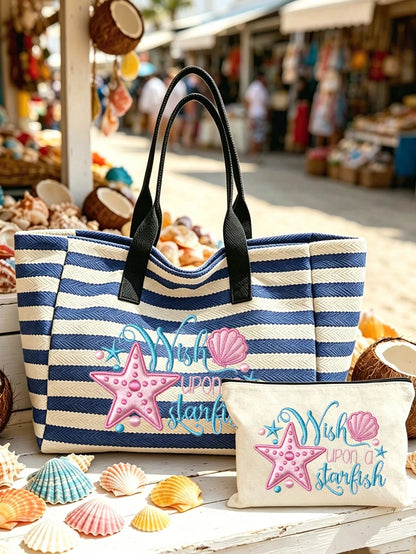 Large Capacity Blue And White Striped Beach Tote Bag,- Summer Starfish And Shell Theme Faux Embroidery Pattern Print (2D) Foldable Canvas Shoulder Bag, Multi-Functional Beach Bag, Summer Essential, P