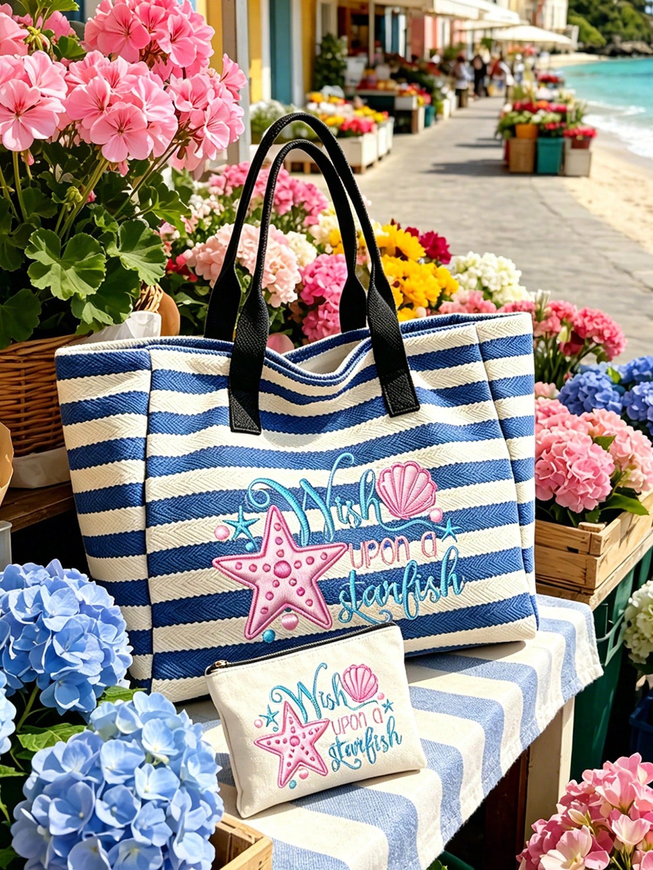 Large Capacity Blue And White Striped Beach Tote Bag,- Summer Starfish And Shell Theme Faux Embroidery Pattern Print (2D) Foldable Canvas Shoulder Bag, Multi-Functional Beach Bag, Summer Essential, P