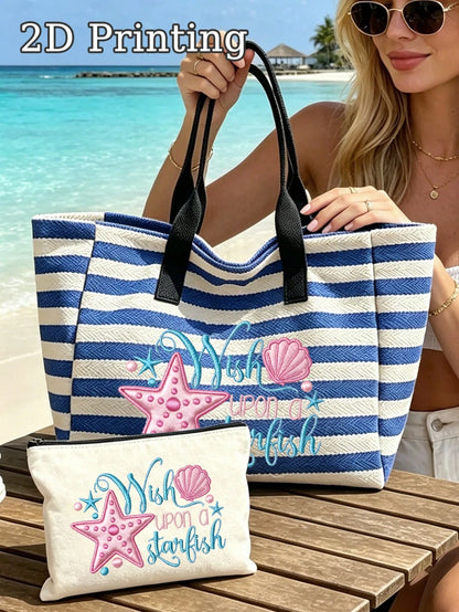Large Capacity Blue And White Striped Beach Tote Bag,- Summer Starfish And Shell Theme Faux Embroidery Pattern Print (2D) Foldable Canvas Shoulder Bag, Multi-Functional Beach Bag, Summer Essential, P