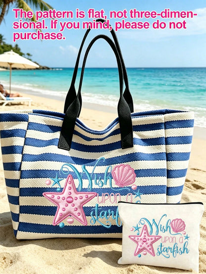Large Capacity Blue And White Striped Beach Tote Bag,- Summer Starfish And Shell Theme Faux Embroidery Pattern Print (2D) Foldable Canvas Shoulder Bag, Multi-Functional Beach Bag, Summer Essential, P