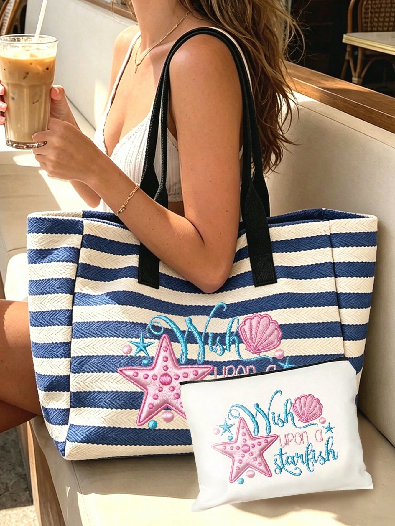 Large Capacity Blue And White Striped Beach Tote Bag,- Summer Starfish And Shell Theme Faux Embroidery Pattern Print (2D) Foldable Canvas Shoulder Bag, Multi-Functional Beach Bag, Summer Essential, P