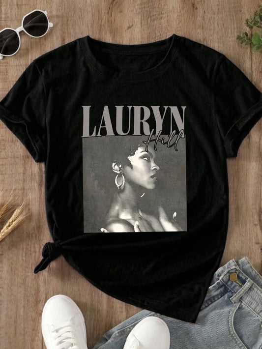 Lauryn Hill Portrait Print Colored Cotton T-Shirt Women's Colored Cotton T-Shirt Understated Luxury Casual Tee Y2K Style With Digital Print
