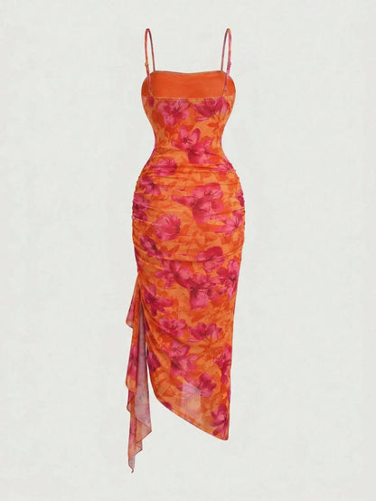 Lavishia Women's New Open Shoulder Sexy Elegant Vacation Mini Dress, Mesh Floral Dress, Asymmetric Neckline Dress, Spring/Summer Outfit, Pink And Orange