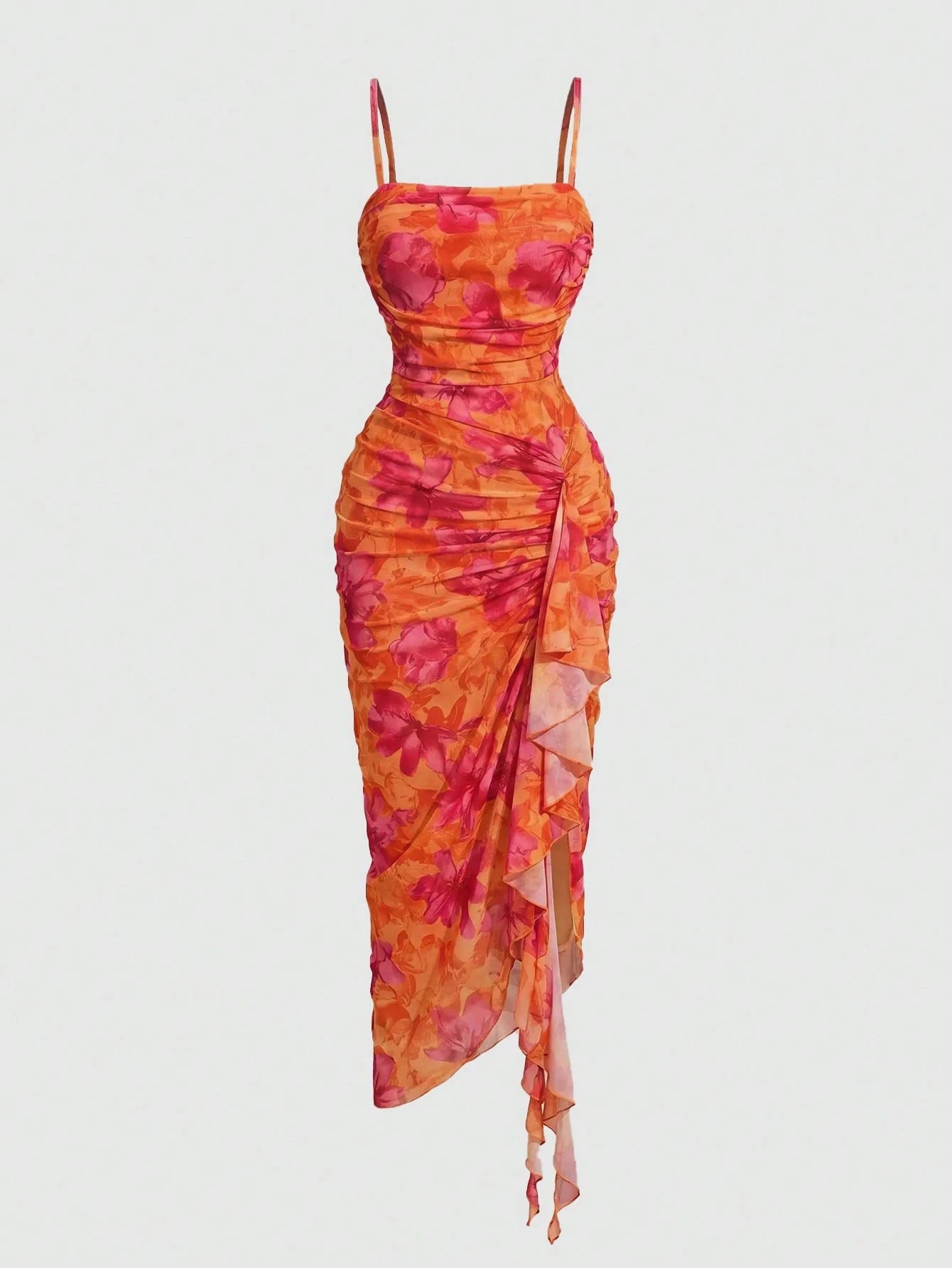 Lavishia Women's New Open Shoulder Sexy Elegant Vacation Mini Dress, Mesh Floral Dress, Asymmetric Neckline Dress, Spring/Summer Outfit, Pink And Orange