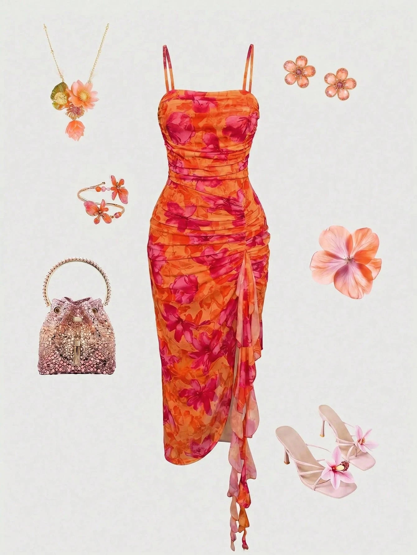 Lavishia Women's New Open Shoulder Sexy Elegant Vacation Mini Dress, Mesh Floral Dress, Asymmetric Neckline Dress, Spring/Summer Outfit, Pink And Orange