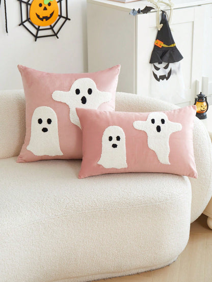 LCUHPCL 1pc Halloween Atmosphere Soft Cute Pink Ghost 3D Embroidered Plush Pillowcase, Suitable For Home Decor, Living Room, Sofa, Bedroom, Car, Party And Various Environments