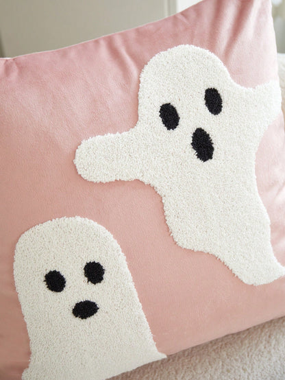 LCUHPCL 1pc Halloween Atmosphere Soft Cute Pink Ghost 3D Embroidered Plush Pillowcase, Suitable For Home Decor, Living Room, Sofa, Bedroom, Car, Party And Various Environments
