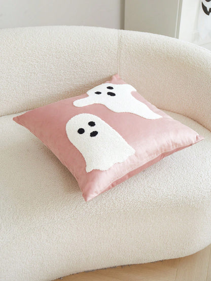 LCUHPCL 1pc Halloween Atmosphere Soft Cute Pink Ghost 3D Embroidered Plush Pillowcase, Suitable For Home Decor, Living Room, Sofa, Bedroom, Car, Party And Various Environments