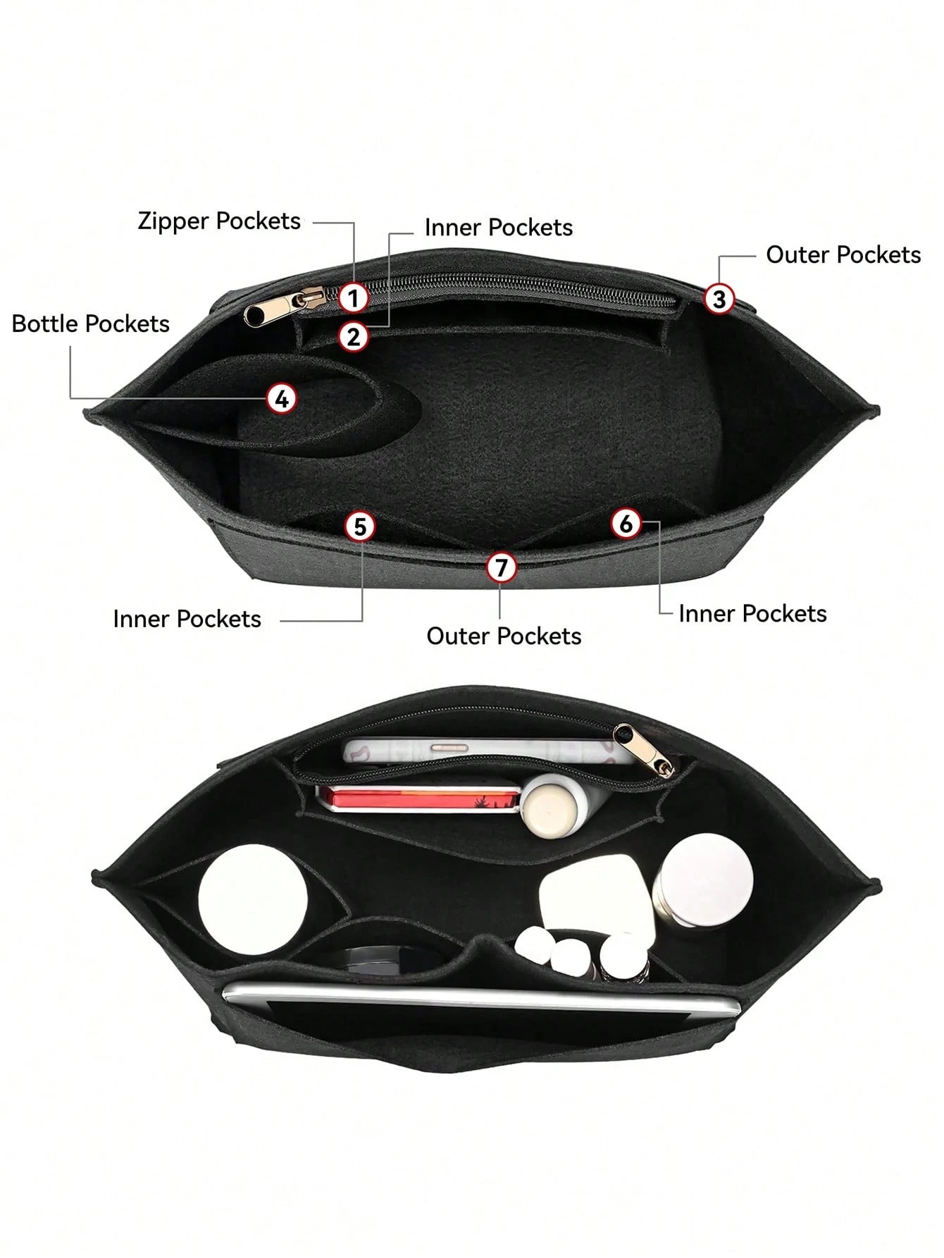 Le Pliage Felt Liner Bag, Multi-Pocket Felt Bag, Travel Portable Liner Bag, With Zipper, Suitable For Storing School Supplies
