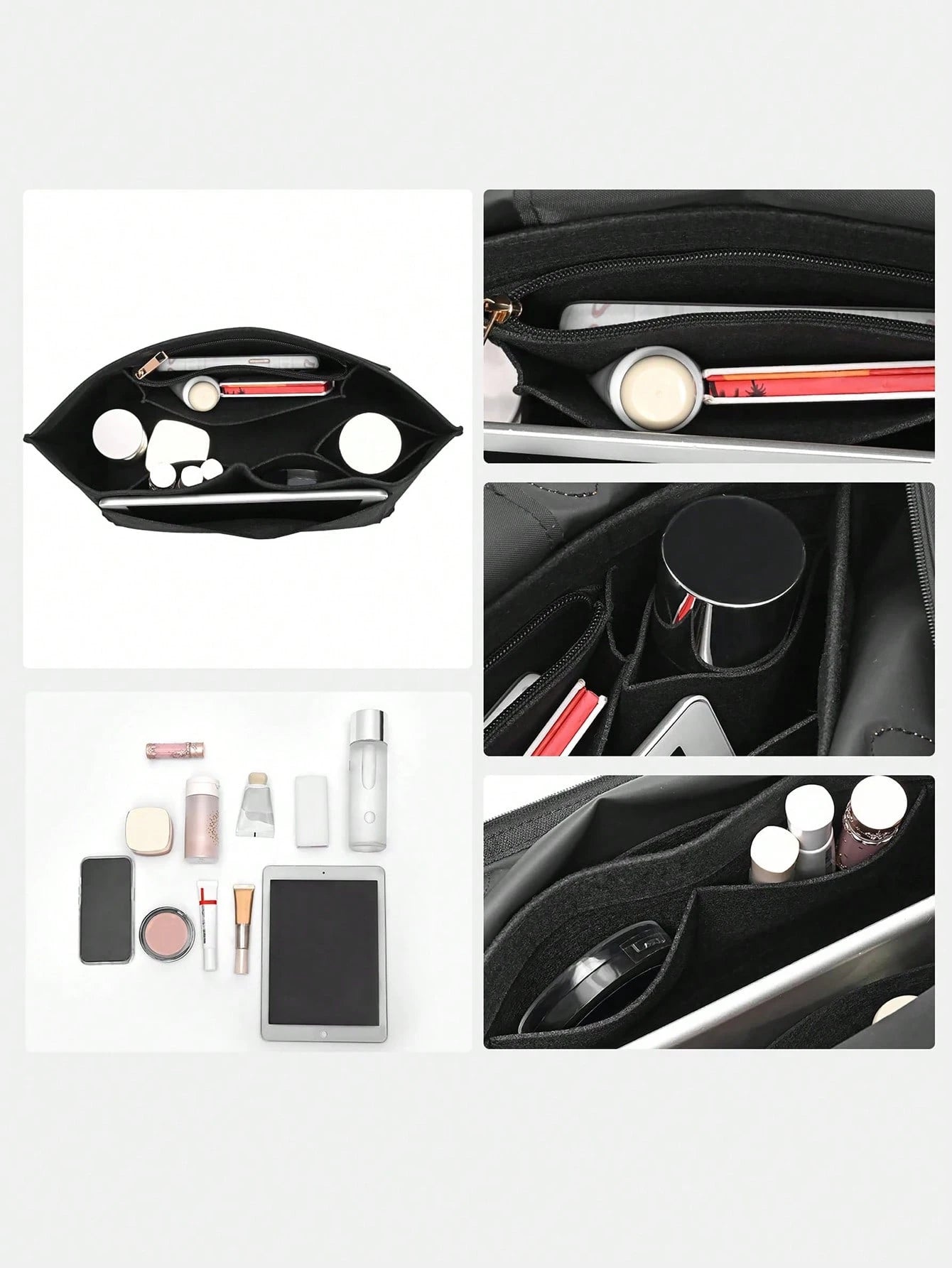 Le Pliage Felt Liner Bag, Multi-Pocket Felt Bag, Travel Portable Liner Bag, With Zipper, Suitable For Storing School Supplies