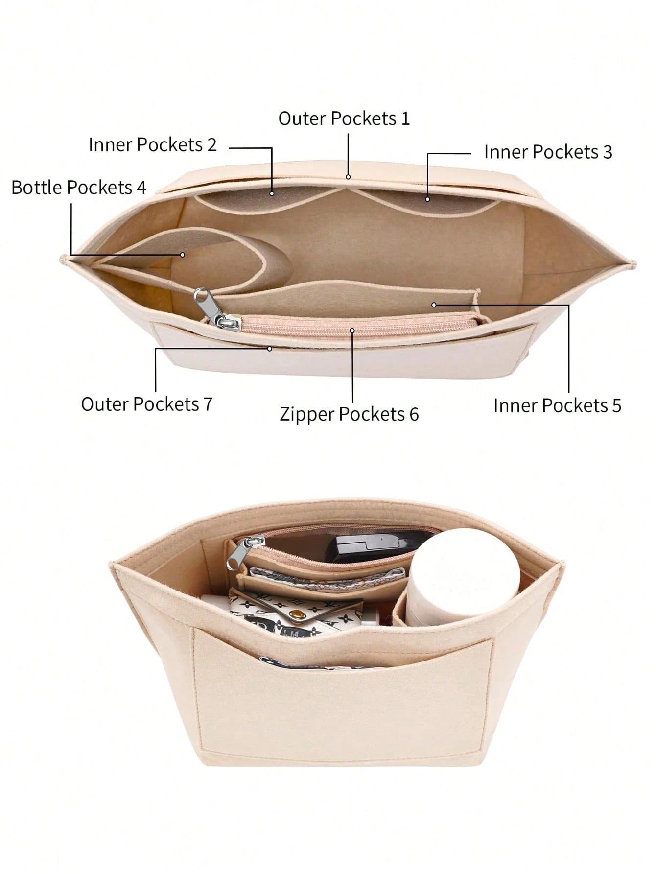 Le Pliage Felt Liner Bag, Multi-Pocket Felt Bag, Travel Portable Liner Bag, With Zipper, Suitable For Storing School Supplies