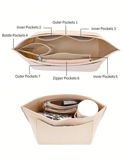 Le Pliage Felt Liner Bag, Multi-Pocket Felt Bag, Travel Portable Liner Bag, With Zipper, Suitable For Storing School Supplies