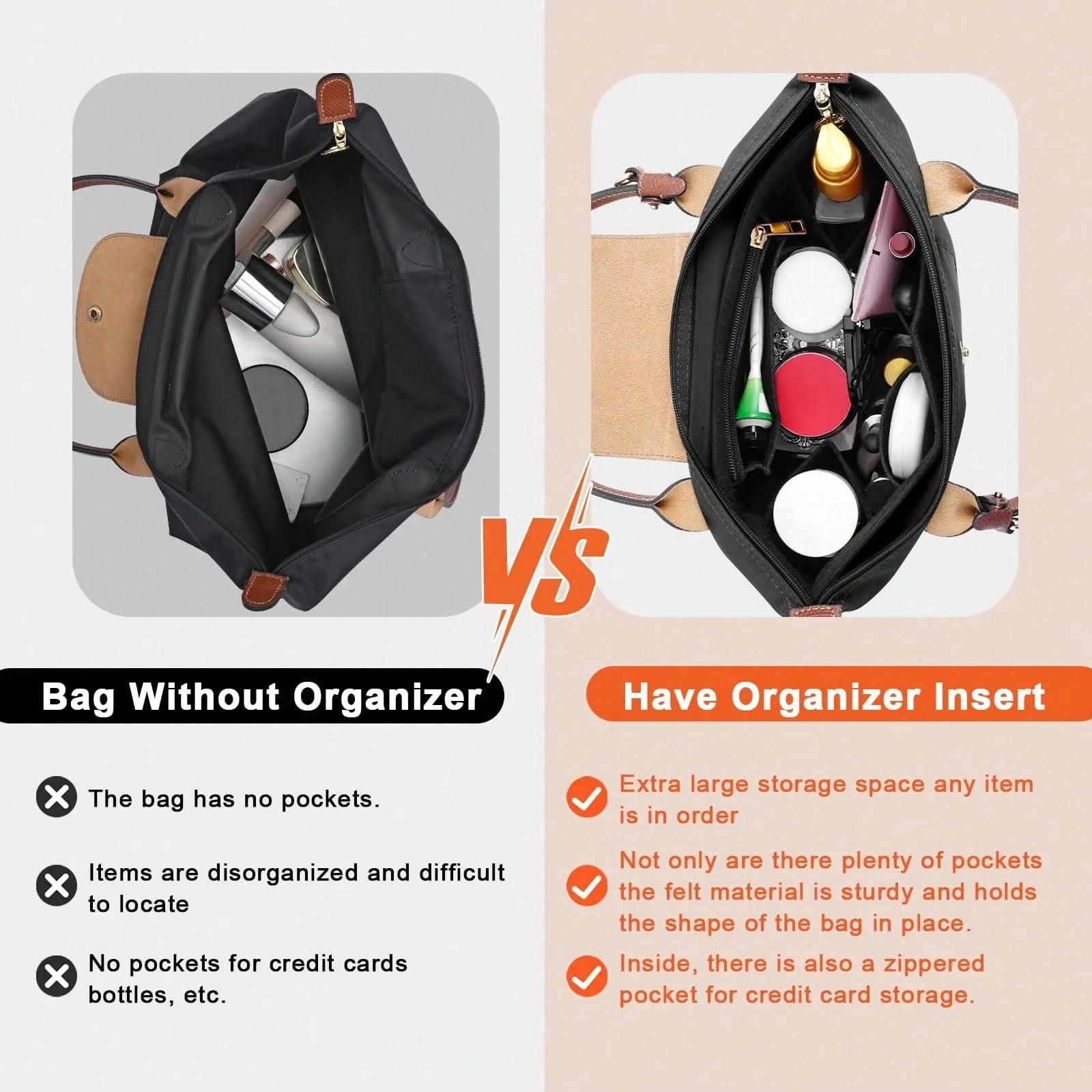 Le Pliage Tote Bag Organizer Insert, Multi-Pocket Felt Handbag Organizer Bag With Zipper, Cup Holder, Back To School Supplies