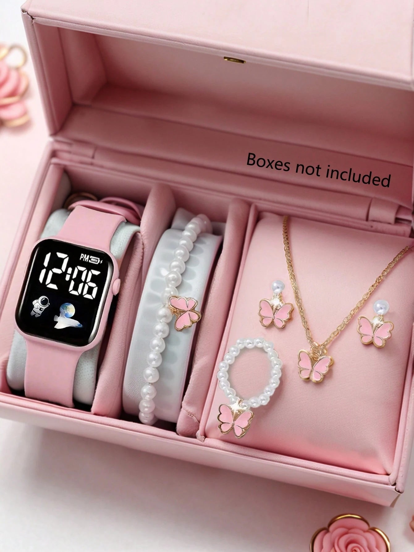 LED Electronic Watch And Butterfly Bracelet, Necklace, Ring, Earring Set, Suitable For School, Holiday, Party Gifts