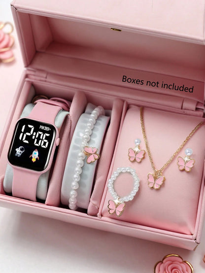 LED Electronic Watch And Butterfly Bracelet, Necklace, Ring, Earring Set, Suitable For School, Holiday, Party Gifts