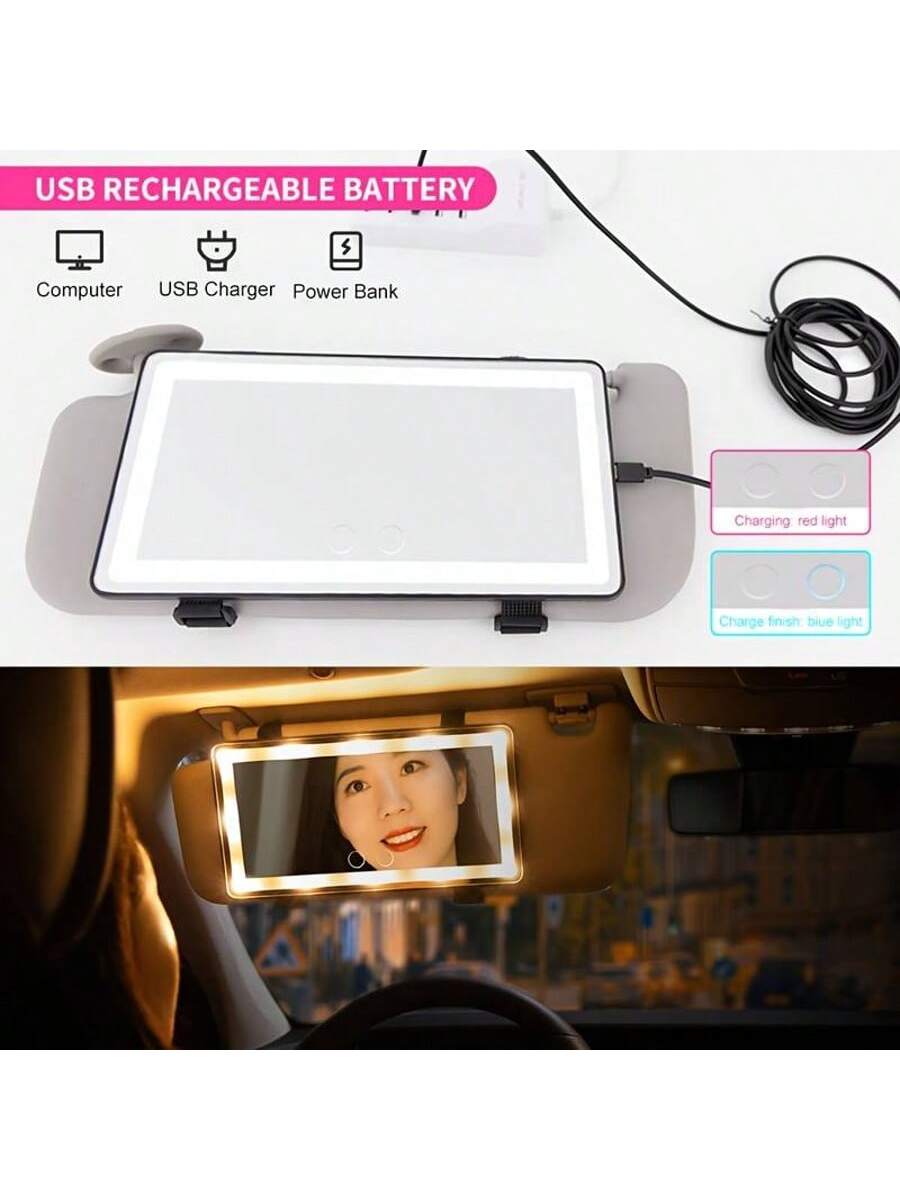 LED Mirror For Car Visor,Rechargeable Car Visor Vanity Mirror With 3 Light Modes & Dimmable Touch Screen,60 LEDs Makeup Mirror