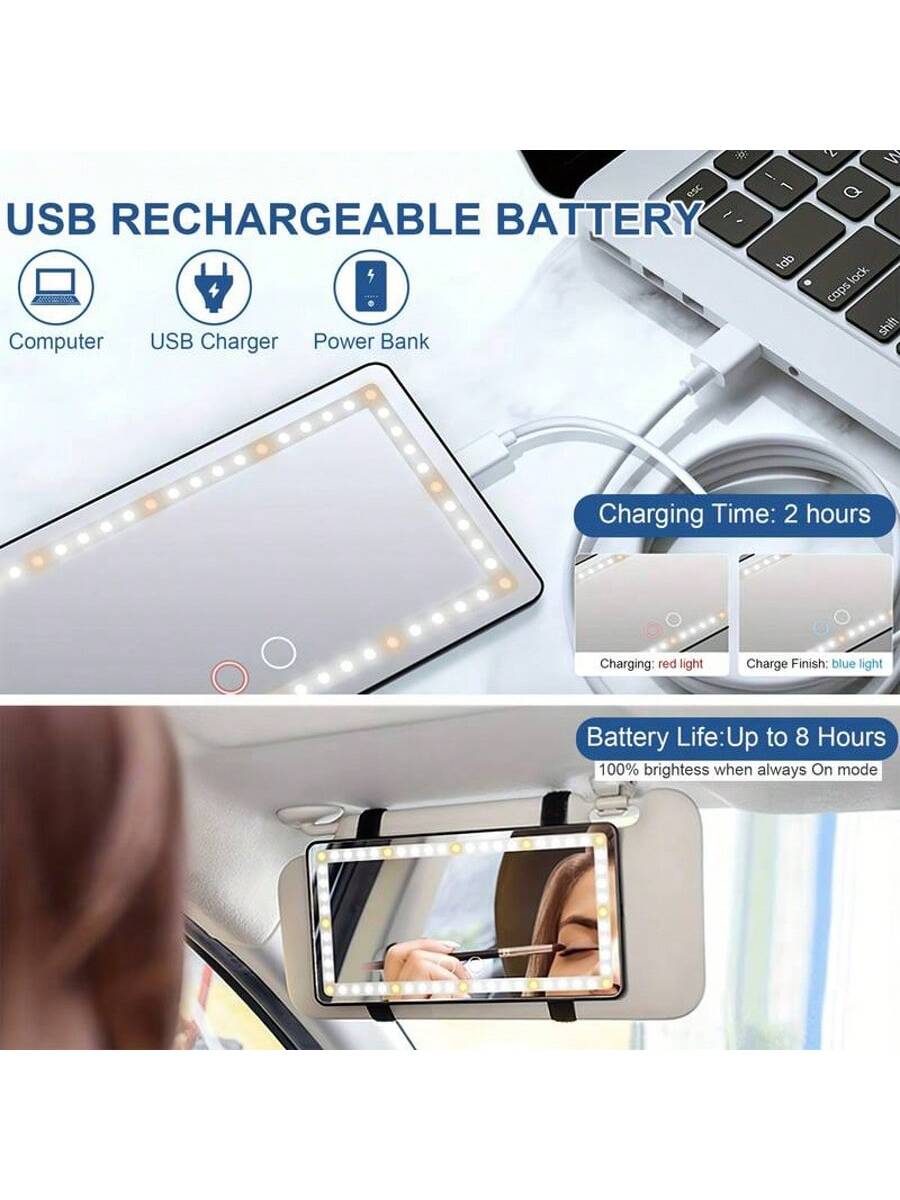 LED Mirror For Car Visor,Rechargeable Car Visor Vanity Mirror With 3 Light Modes & Dimmable Touch Screen,60 LEDs Makeup Mirror