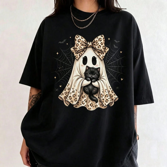 Leopard Bow Ghost Holding Black Cat Halloween Spooky T-Shirt