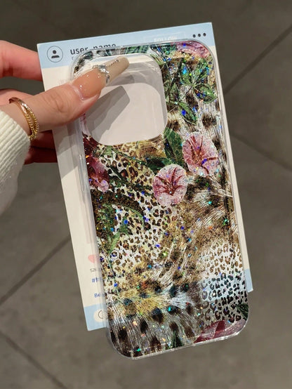 Leopard Print Silicone Luxury Leopard Pattern Glitter Rhinestone Oil Painting IMD Glitter Gradient Floral Anti-Drop Phone Protective Case Compatible With Apple 16 Pro Max, 16, 16 Pro; Premium Glitter
