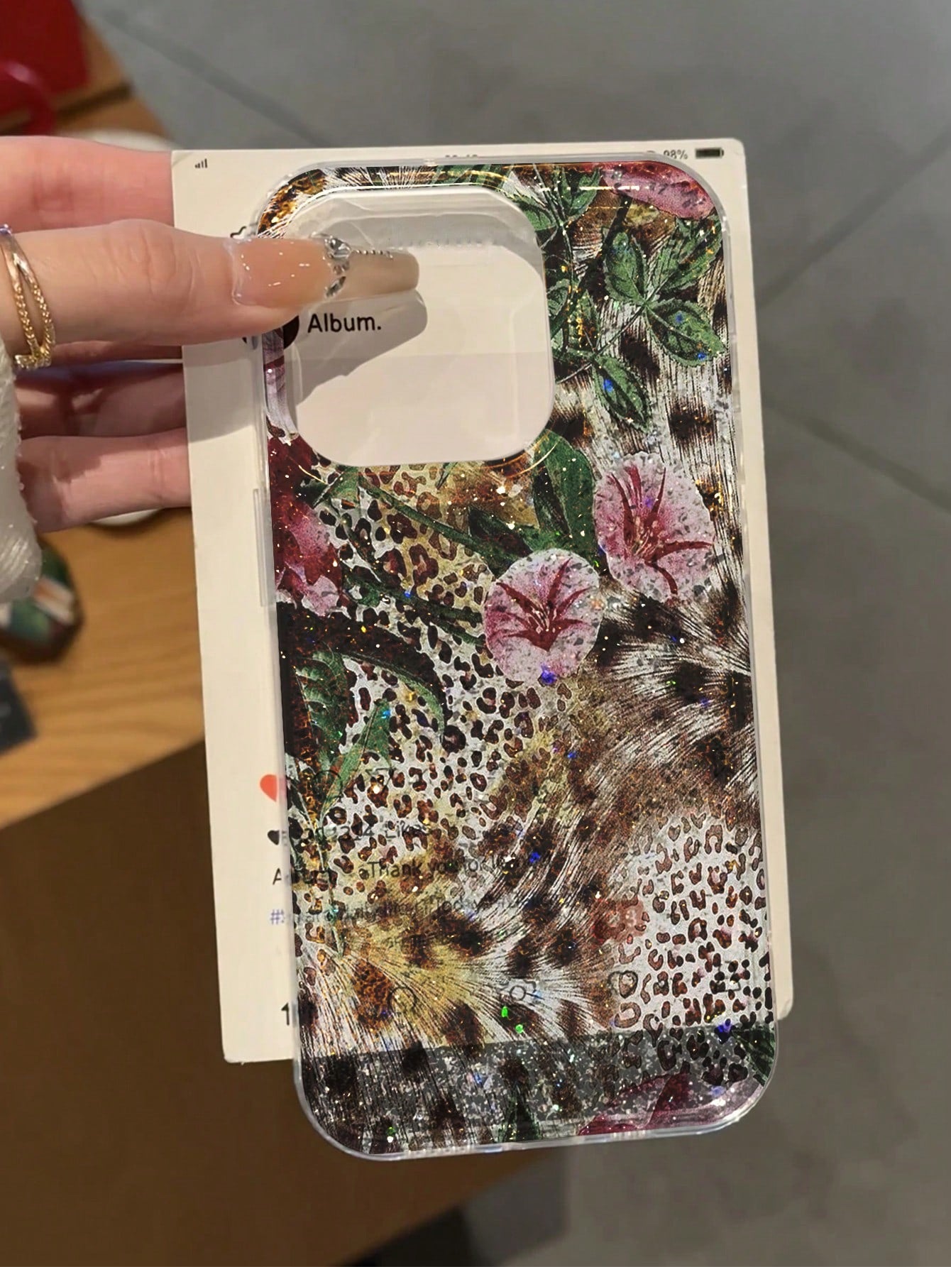 Leopard Print Silicone Luxury Leopard Pattern Glitter Rhinestone Oil Painting IMD Glitter Gradient Floral Anti-Drop Phone Protective Case Compatible With Apple 16 Pro Max, 16, 16 Pro; Premium Glitter