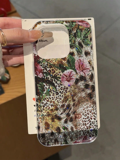 Leopard Print Silicone Luxury Leopard Pattern Glitter Rhinestone Oil Painting IMD Glitter Gradient Floral Anti-Drop Phone Protective Case Compatible With Apple 16 Pro Max, 16, 16 Pro; Premium Glitter