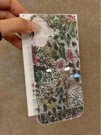 Leopard Print Silicone Luxury Leopard Pattern Glitter Rhinestone Oil Painting IMD Glitter Gradient Floral Anti-Drop Phone Protective Case Compatible With Apple 16 Pro Max, 16, 16 Pro; Premium Glitter