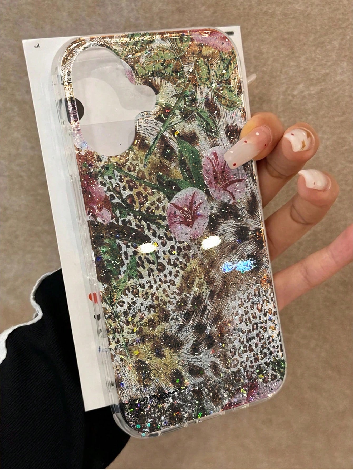 Leopard Print Silicone Luxury Leopard Pattern Glitter Rhinestone Oil Painting IMD Glitter Gradient Floral Anti-Drop Phone Protective Case Compatible With Apple 16 Pro Max, 16, 16 Pro; Premium Glitter