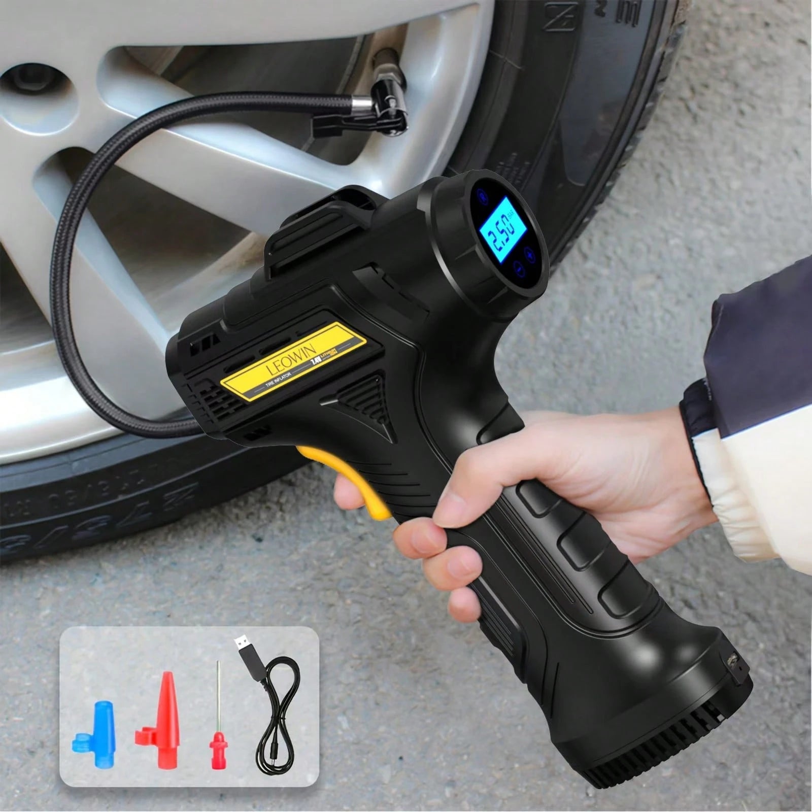 leowin Cordless Digital Tire Inflator, Portable Air Compressor With Auto-Shutoff, Accurate Pressure LCD Display, For Car, Motorcycle, Bike, Ball- Compact, Rechargeable, Compact And Lightweight Design