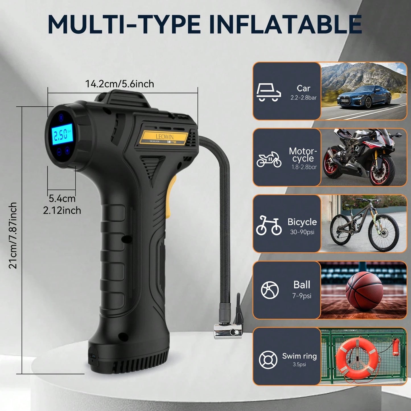 leowin Cordless Digital Tire Inflator, Portable Air Compressor With Auto-Shutoff, Accurate Pressure LCD Display, For Car, Motorcycle, Bike, Ball- Compact, Rechargeable, Compact And Lightweight Design