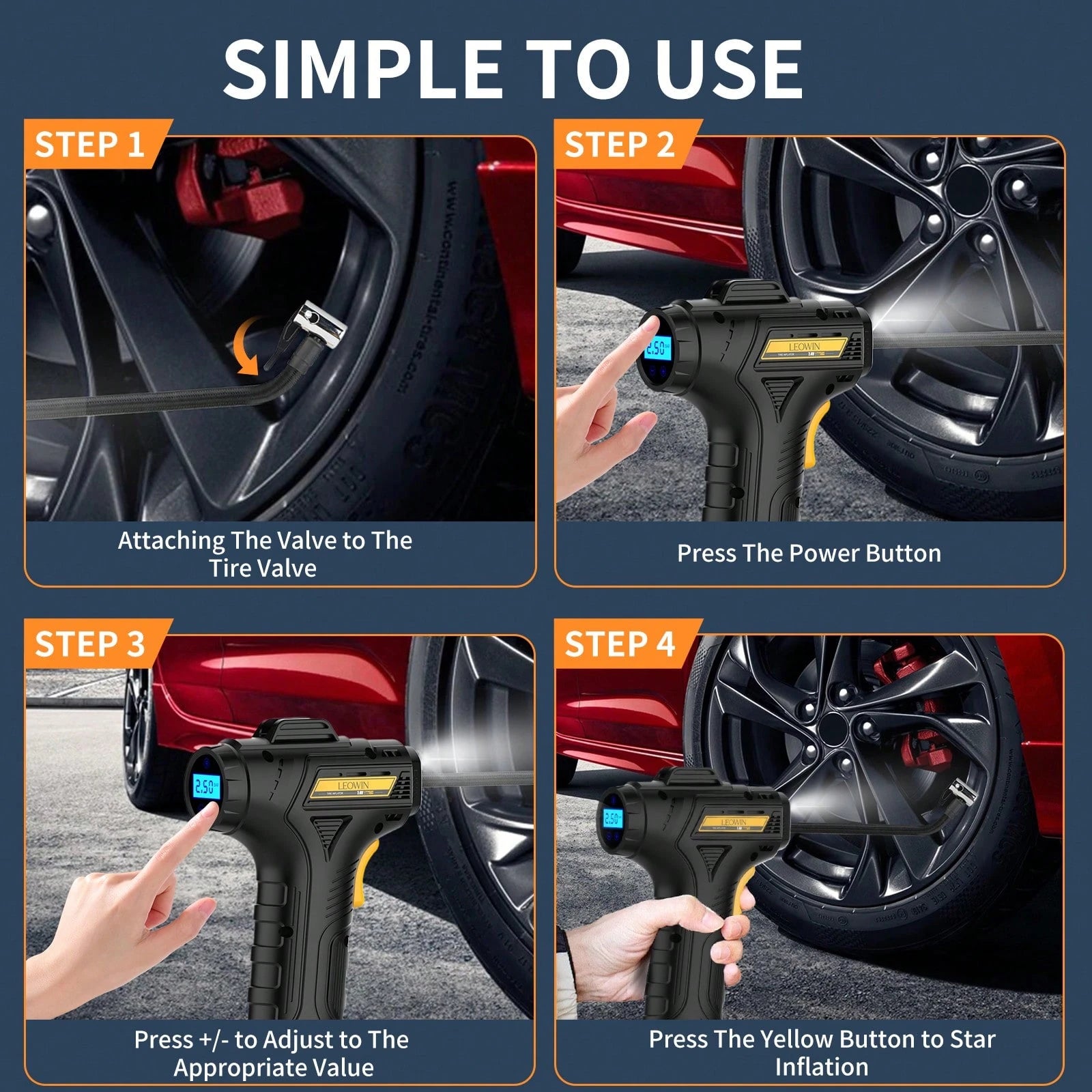leowin Cordless Digital Tire Inflator, Portable Air Compressor With Auto-Shutoff, Accurate Pressure LCD Display, For Car, Motorcycle, Bike, Ball- Compact, Rechargeable, Compact And Lightweight Design
