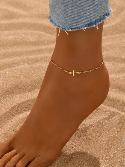 LIEBEIRIS 1pc 18K Gold Plated Handmade Cross Anklet, Stainless Steel Beach Style Anklet For Women, Suitable For Daily And Beach Wear (Random Color, Random Number Of Gold Beads On Chain)