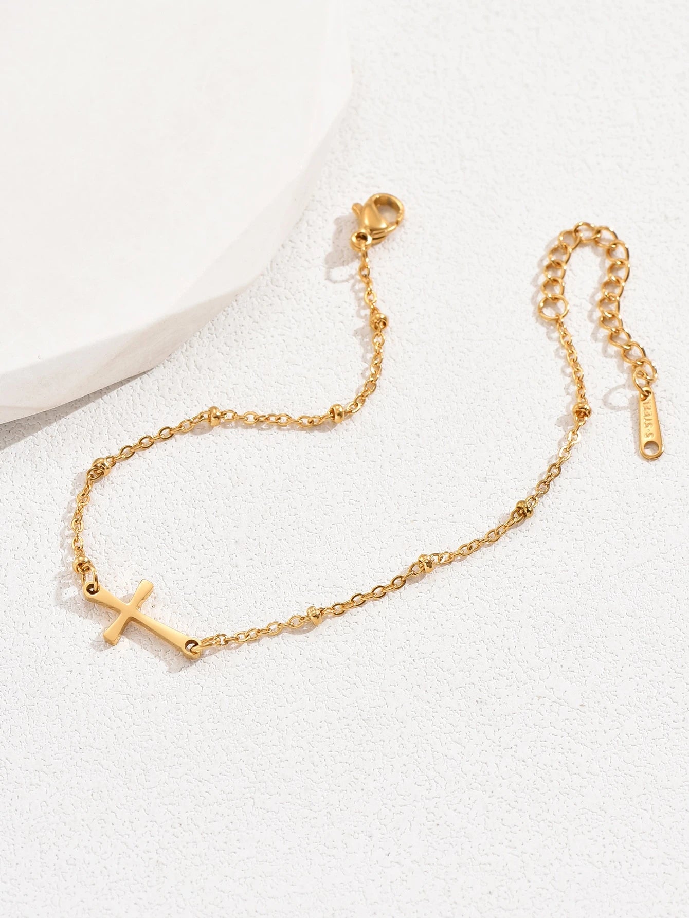 LIEBEIRIS 1pc 18K Gold Plated Handmade Cross Anklet, Stainless Steel Beach Style Anklet For Women, Suitable For Daily And Beach Wear (Random Color, Random Number Of Gold Beads On Chain)