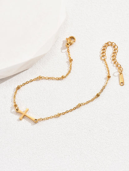 LIEBEIRIS 1pc 18K Gold Plated Handmade Cross Anklet, Stainless Steel Beach Style Anklet For Women, Suitable For Daily And Beach Wear (Random Color, Random Number Of Gold Beads On Chain)