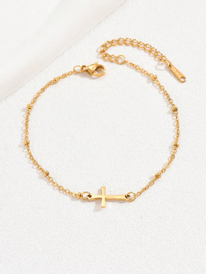 LIEBEIRIS 1pc 18K Gold Plated Handmade Cross Anklet, Stainless Steel Beach Style Anklet For Women, Suitable For Daily And Beach Wear (Random Color, Random Number Of Gold Beads On Chain)