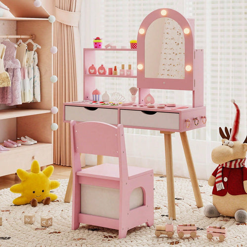 Lifezeal Kids Vanity Set With 3-Color Lighting Modes, Adjustable Brightness, Mirror Cabinet White/Pink